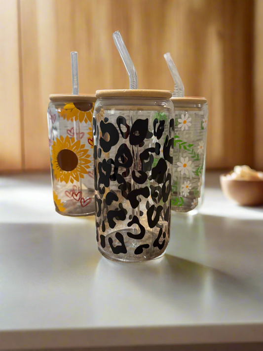 “Cheetah Print” Glass Tumbler with Straw & Bamboo Lid - 16oz Coffee Cup