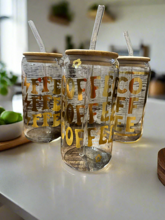 “Coffee” with flowers Glass Tumbler with Straw & Bamboo Lid - 16oz Coffee Cup