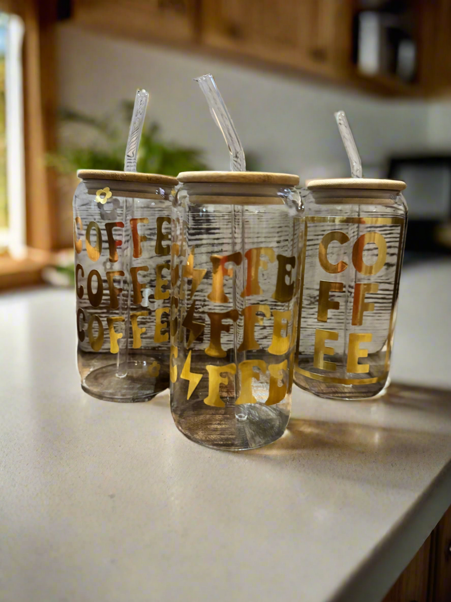 “Coffee” with Lightning Bolts Glass Tumbler with Straw & Bamboo Lid - 16oz Coffee Cup