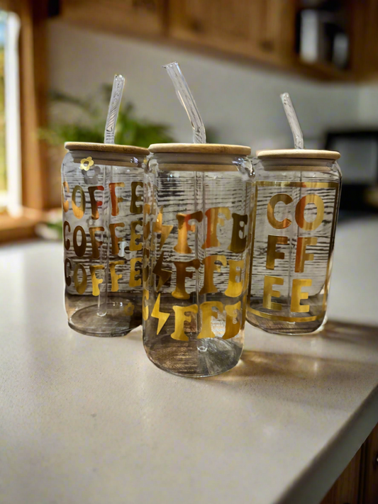 “Coffee” with Lightning Bolts Glass Tumbler with Straw & Bamboo Lid - 16oz Coffee Cup