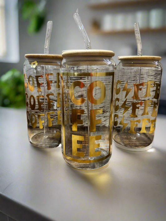 “Coffee” Glass Tumbler with Straw & Bamboo Lid - 16oz Coffee Cup