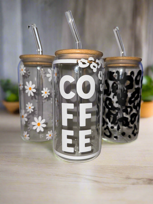 “Coffee” Glass Tumbler with Straw & Bamboo Lid - 16oz Coffee Cup