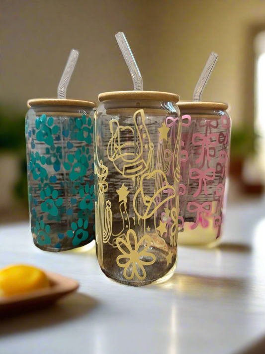 “Cowgirl” Glass Tumbler with Straw & Bamboo Lid - 16oz Coffee Cup