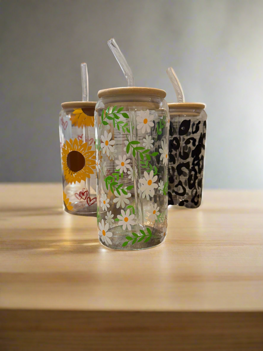“Daisy” Glass Tumbler with Straw & Bamboo Lid - 16oz Coffee Cup