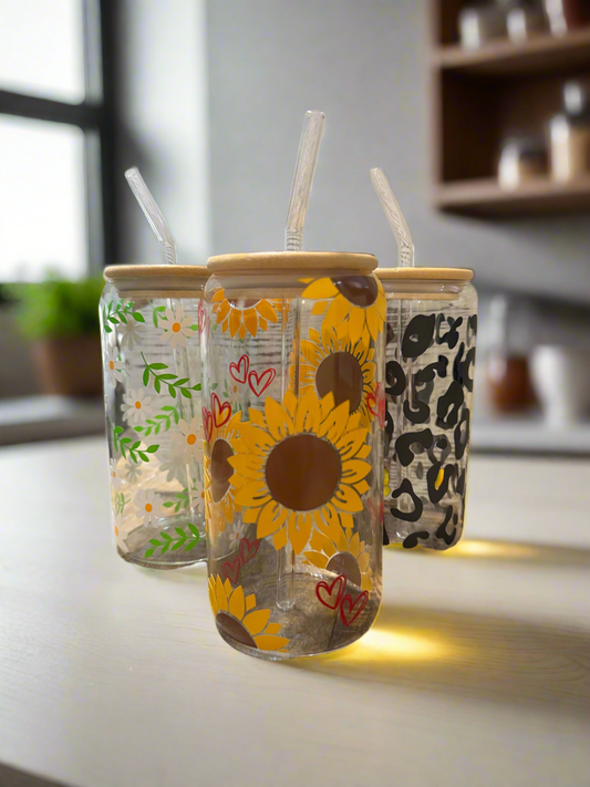 “Sunflower” Glass Tumbler with Straw & Bamboo Lid - 16oz Coffee Cup
