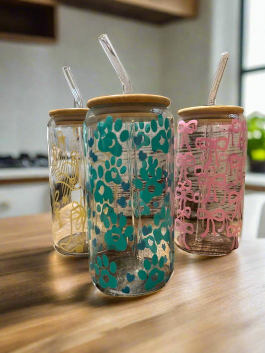 “Paw print”  Glass Tumbler with Straw & Bamboo Lid - 16oz Coffee Cup