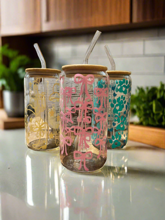 “Bows” Glass Tumbler with Straw & Bamboo Lid - 16oz Coffee Cup